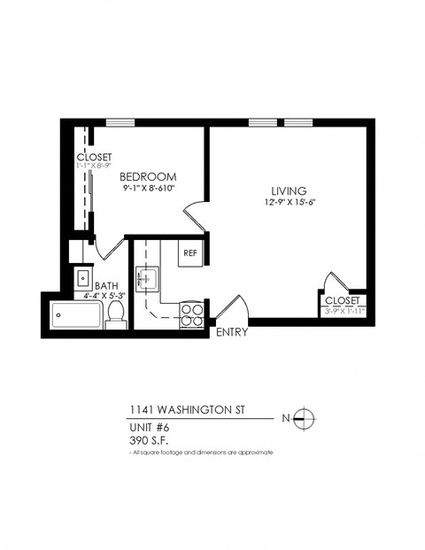 Floor plan for 1 bed, 1 bath, 390 sqft